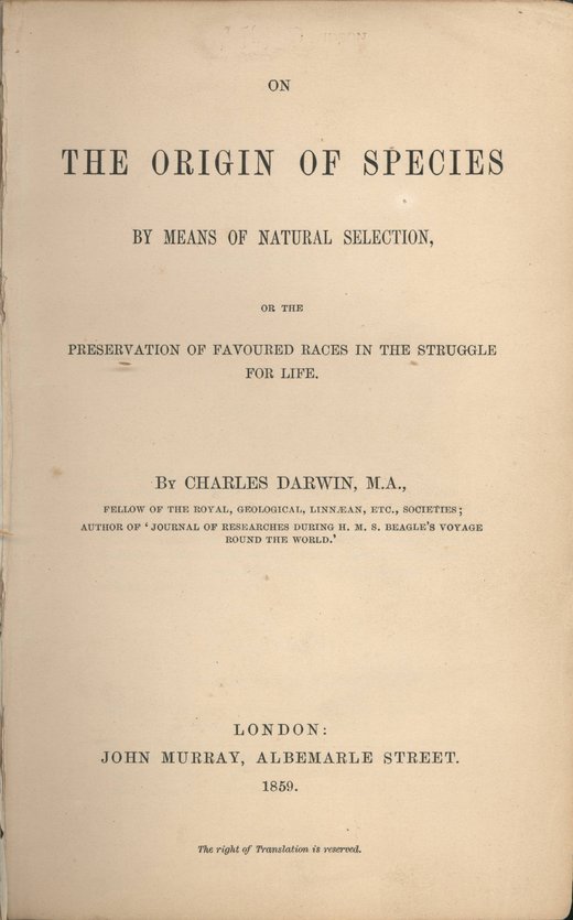 Portada impresa de un libro antiguo, en papel amarillento. Dice: On the Origin of Species by means of natural selection, or the preservation of favoured races in the struggle for life. By Charles Darwin, M.A. London: John Murray, Albemarle Street. 1859.